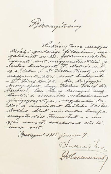 1928 Bp., Lukácsi Imre igazgató Kokas József jószágigazgató hazafias magatartásáról írt bizonyítványa