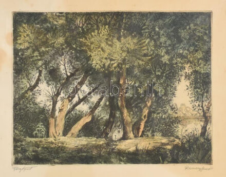 Remsey Jenő (1885-1980): Folyópart. Színezett rézkarc, karton, jelzett, szélén foltokkal, 30x38 cm