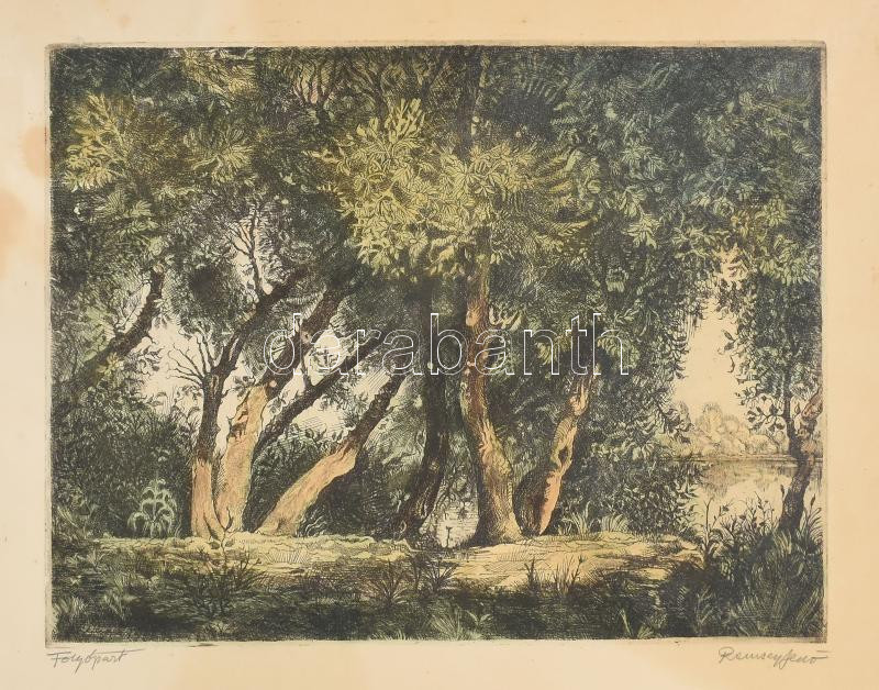 Remsey Jenő (1885-1980): Folyópart. Színezett rézkarc, karton, jelzett, szélén foltokkal, 30x38 cm