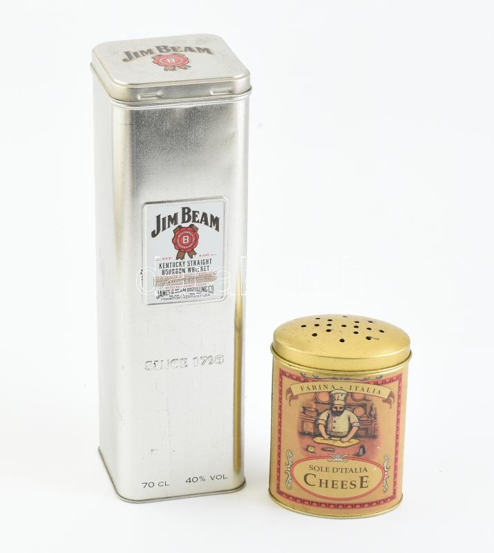 2 db fém doboz: Jim Beam + Sole d'Italia, kis hibákkal, m: 12 és 28 cm