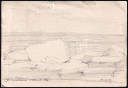 Barabás Reismann Gizella (1893-1985): Balatonpart Balatonszabadinál, 1934. Ceruza, papír, jelzett, lapszéli apró szakadásokkal. Hátoldala Kézdi-Kovács László (1864-1942) festőművész, műkritikus részére postázott képeslap Barabás