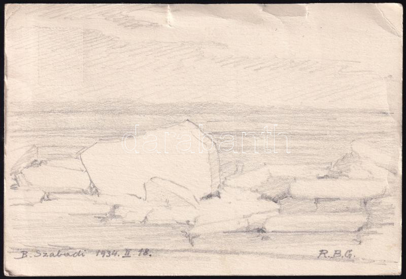 Barabás Reismann Gizella (1893-1985): Balatonpart Balatonszabadinál, 1934. Ceruza, papír, jelzett, lapszéli apró szakadásokkal. Hátoldala Kézdi-Kovács László (1864-1942) festőművész, műkritikus részére postázott képeslap Barabás