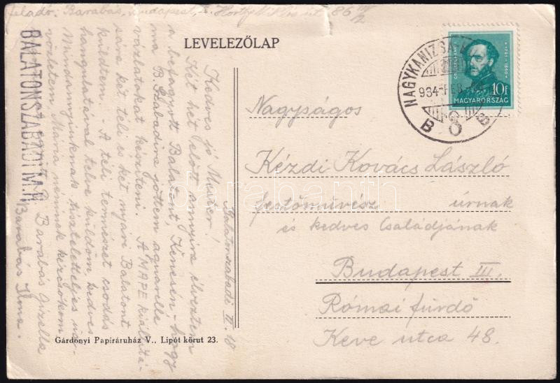 Barabás Reismann Gizella (1893-1985): Balatonpart Balatonszabadinál, 1934. Ceruza, papír, jelzett, lapszéli apró szakadásokkal. Hátoldala Kézdi-Kovács László (1864-1942) festőművész, műkritikus részére postázott képeslap Barabás - Image 3