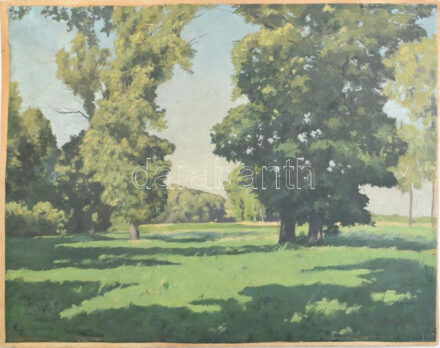 Sárdy Brutus (1892-1970): Napfényes táj, 1929. Olaj, vászon, kartonon. Jelezve jobbra lent. Kiállítva: Őszi kiállítás, Műcsarnok, Bp., 1930. Hátoldalán a kiállítás raglapjával és másik kettő korabeli kiállítási raglappal.