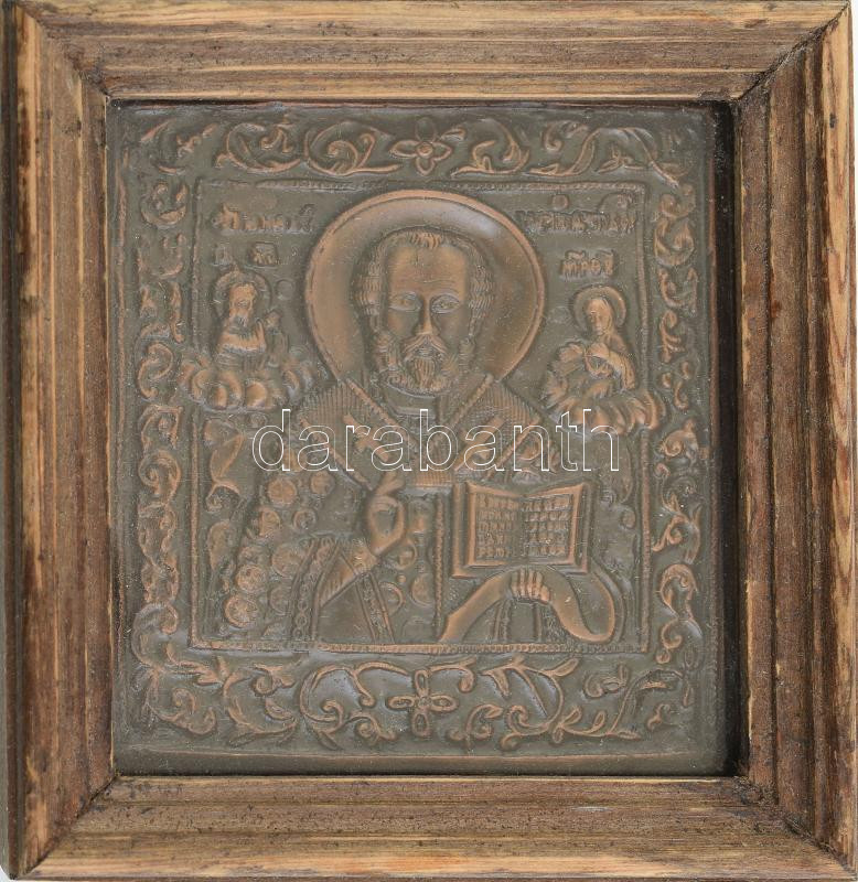 Réz ikon, üvegezett fa keretben, kijár a keretből, 9,5×8 cm