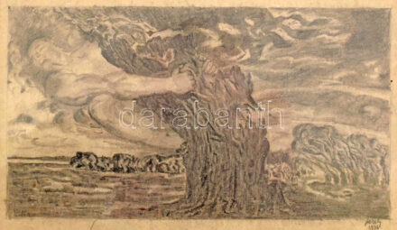 Olvashatatlan jelzéssel: A vihar. Ceruza, papír, üvegezett fakeretben. 10x18 cm