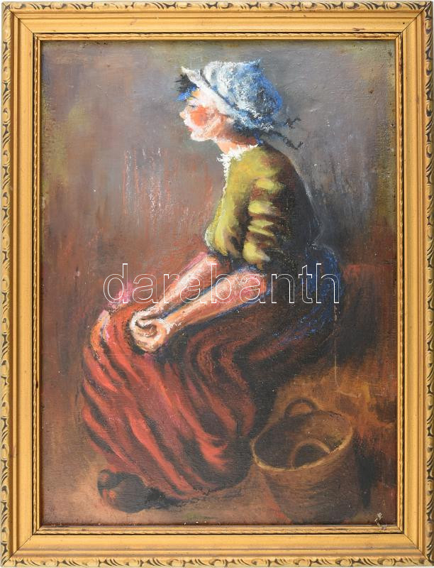 Jelzés nélkül: Ülő menyecske. Olaj, falemez. Dekoratív fakeretben. 40x30 cm