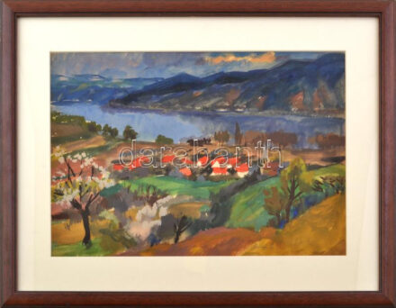 Szőnyi jelzéssel: Dunakanyar, tempera, papír, üvegezett keretben, 29×41 cm