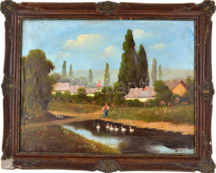 Neogrády A. jelzéssel: Libapásztorlány. Olaj, vászon. Dekoratív, sérült fakeretben. 60x80 cm