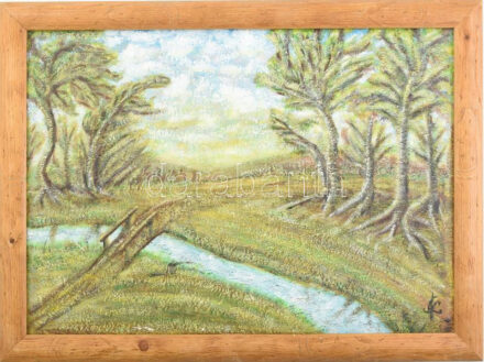 Abonyiné Serbán Lia (1927-): Patak kis átkelővel. Akril, karton. Jelzett. Dekoratív fakeretben. 36x50 cm