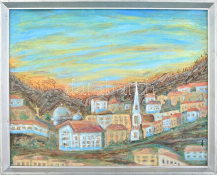 Abonyiné Serbán Lia (1927-): Falu templommal. Akril, karton. Jelzett. Néhány kevés apró felületi sérüléssel. Dekoratív fakeretben. 41x53 cm