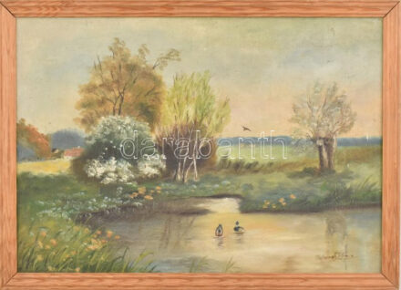 Bubanek Ilona (?-): Tópart. Olaj, vászon, fakeretben, 29x41cm