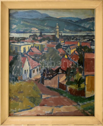 Orosz László (1928-2000): Marosi táj (Nagymaros). Olaj, farost, jelzett, hátoldalán Képcsarnok Vállalat címkéjével. Üvegezett, kissé sérült fakeretben, 60x50 cm