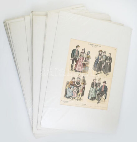 cca 1890 Münchener Bilderbogen 27 db lapja, korabeli és történelmi népviseletekkel, katonai egyenruhákkal. Színezett fametszet, papír, jelzett a metszeten. Braun & Schneider kiadása. Mind paszpartuban. 40x31 cm körüli méretben
