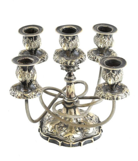 Antik gyertyatartó, 5 ágú, ezüstözött fém, sérült, m: 21,5 cm