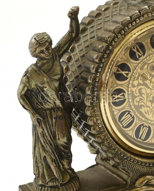 Japán asztali óra, mechanikus szerkezettel, működik, bronz, figurális tokban, kopott, m: 15 cm - Image 3