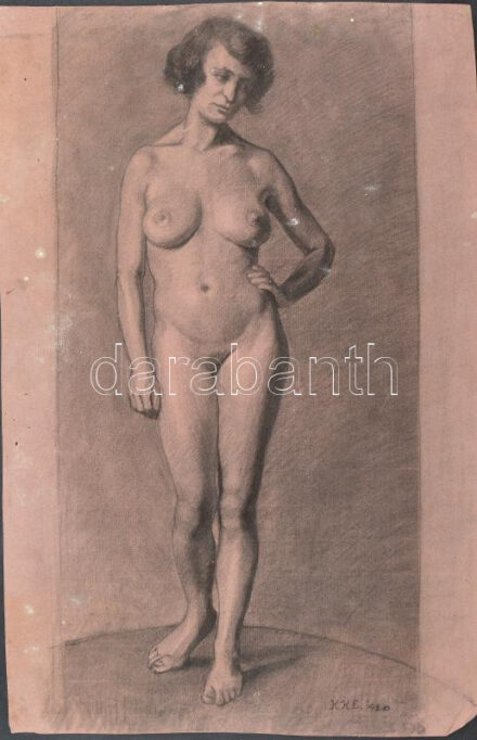 Kézdi-Kovács Elemér (1898-1976), 2 db mű: Álló női akt és férfi akt, 1920. Szén, papír, mindkettő jelzett. Proveniencia: a művész hagyatéka. Álló férfi akt sérült, foltos. Álló női akt kissé sérült és kissé foltos.