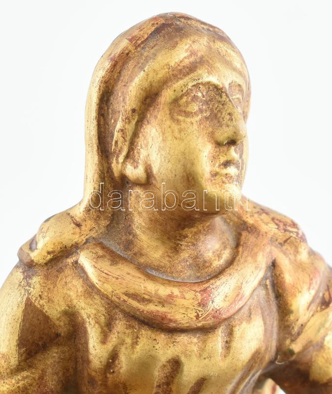 Antik egyházi szobor, laparanyozott fa, kopásokkal, ragasztott kéz, m: 21 cm - Image 2