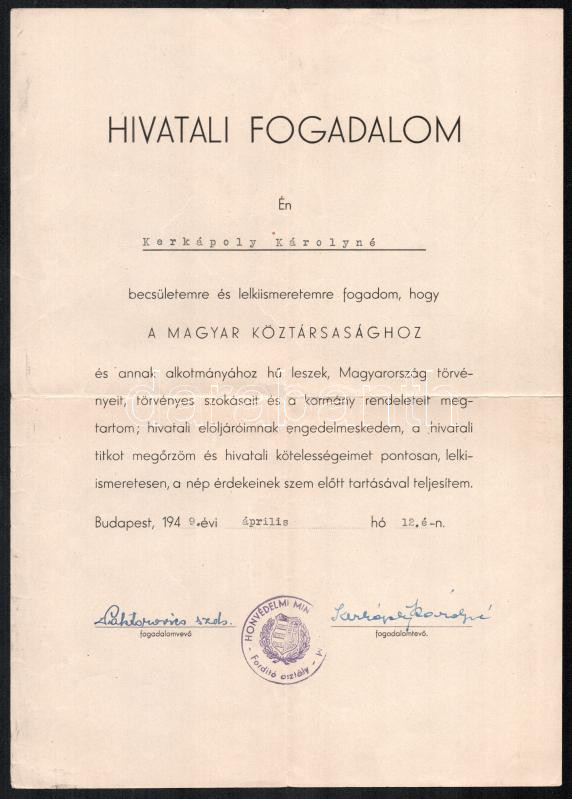 1949 Magyar Köztársaság Hivatali fogadalomlevél
