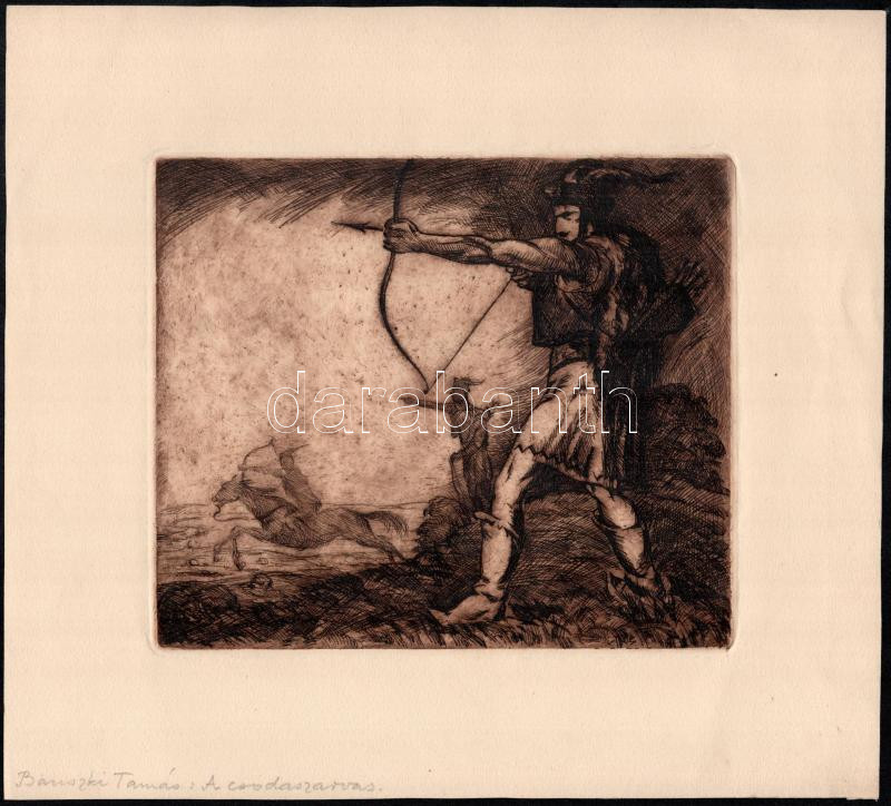 Bánszki Tamás (1892-1971): A csodaszarvas. Rézkarc, papír. Jelzés nélkül, feliratozott. 16x19 cm