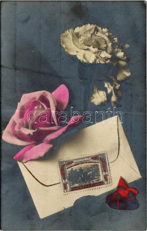 1908 Romanian stamp with flowers and letter (EK)