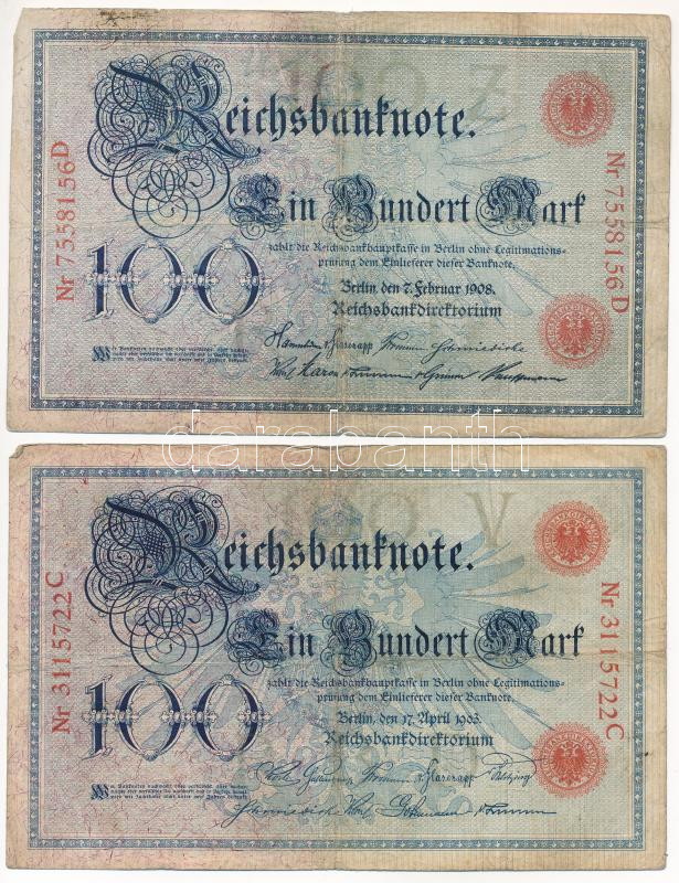 Német Birodalom 1903-1908. 100M (2xklf) piros pecséttel T:III- folt, tűlyuk German Empire 1903-1908. 100 Mark (2xdiff) with red seal C:VG spotted, needle holes Krause P#33