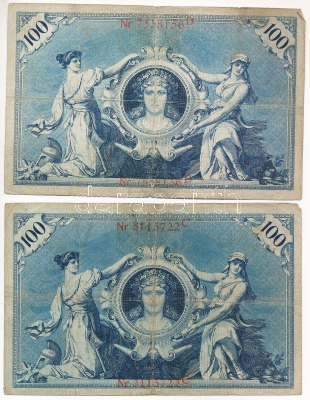 Német Birodalom 1903-1908. 100M (2xklf) piros pecséttel T:III- folt, tűlyuk German Empire 1903-1908. 100 Mark (2xdiff) with red seal C:VG spotted, needle holes Krause P#33 - Image 2