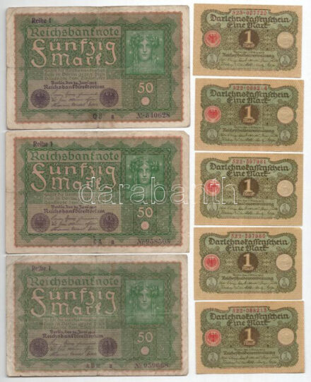 Német Birodalom 1919. 50M (3x) + 1920. 1M (5x) közte sorszámkövető párok T:I--III- közte folt, kis szakadás German Empire 1919. 50 Mark (3x) + 1920. 1 Mark (5x) with consecutive serial pairs among them C:AU-VG spot, small tear in