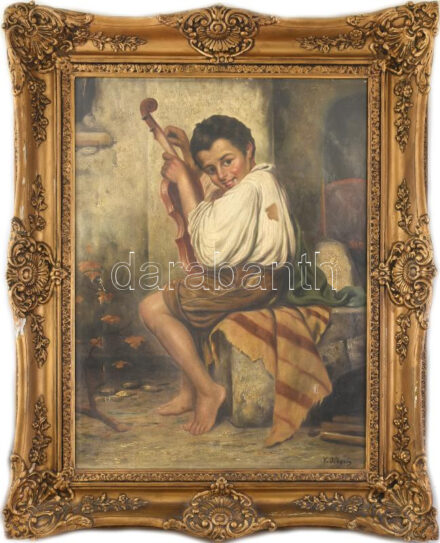 V. Olberts jelzéssel: Kisfiú hegedűvel. Olaj, vászon, javított, sérült. Dekoratív, sérült fakeretben. 78,5x60,5 cm . KIZÁRÓLAG SZEMÉLYES ÁTVÉTEL, NEM POSTÁZZUK! / ONLY PERSONAL COLLECTION AT OUR OFFICE!