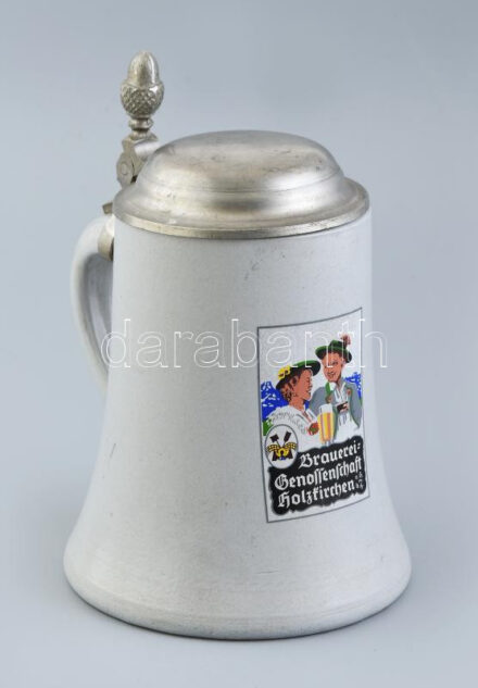 Német ónfedeles, kerámia söröskorsó,'Braurei-Genossenschaft Holzkirchen', hibátlan, m: 19 cm
