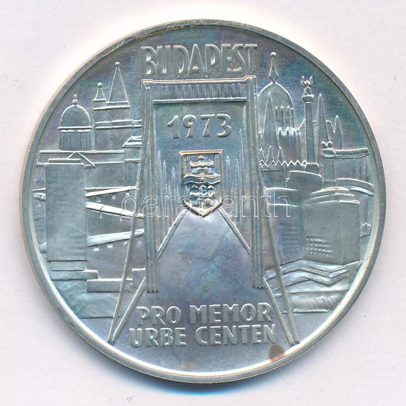 Csucs Viktória (1934-1993) 1973. 'Pest - Buda - Óbuda - 1873 / Budapest 1973 - Pro memor urbe centen' ezüstözött bronz emlékérem (42,5mm) T:1-,2 kis patina - Image 2