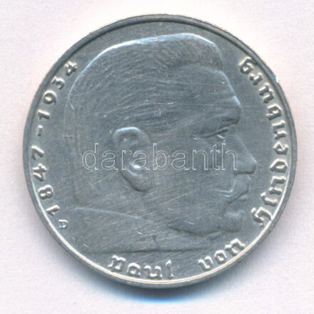 Német Harmadik Birodalom 1939D 2M Ag 'Hindenburg' T:2 ph German Third Reich 1939D 2 Mark Ag 'Hindenburg' C:XF edge error Krause KM#93