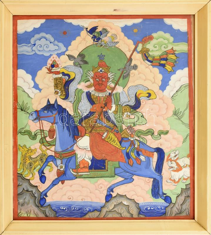 Régi tibeti thangka, kézzel festett, üvegezett keretben, 30x27 cm