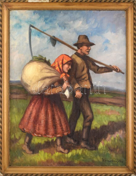 Vásárhelyi L jelzéssel, működött a XX. sz. első felében: Hazafelé. Olaj, vászon. Dekoratív fakeretben. Hátoldalán 1930-40 körüli raglapon feliratozott. 80x60 cm