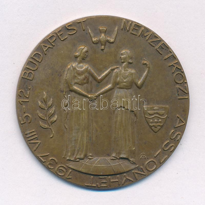 Merényi J. Gina (1894-1954) 1937. 'Nemzetközi Asszonyhét - Budapest' egyoldalas bronz emlékérem (35mm) T:1- patina