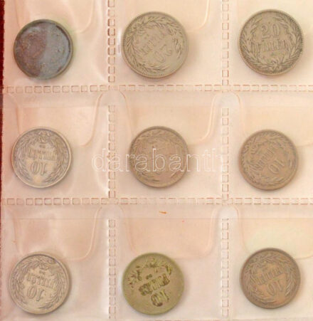 1872KB 1kr Cu + 1893KB-1909KB 10f Ni (6db, 5xklf) + 1915KB 10f alpakka + 1893KB-1894KB 20f Ni (2xklf) + 1926-1938. 10f Cu-Ni (5xklf) + 1940-1942. 10f Fe (4db, 3xklf) + Ausztria 1893-1909 10h Cu-Ni (5xklf) + 1915-1916. 10h alpakka (2xklf),