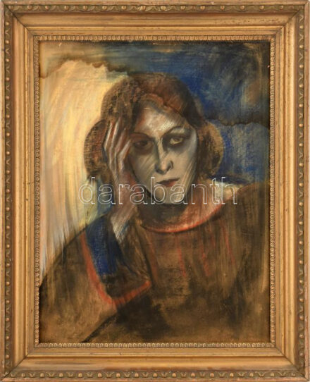 Ember János, működött a XX. sz. első felében-közepén: Expresszív női portré. Vegyes technika, karton. Jelezve balra lent (?). Foltos, vetemedett. Hátoldalán MNG kiviteli engedély pecséttel. Dekoratív fakeretben. 55x43 cm.