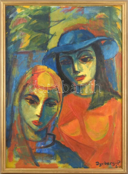 Emil Dyrberg-Petersen (1908-1973), dán festő: Hölgyek, 1960. Olaj, vászon. Jelezve jobbra lent. Hátoldalán autográf felirattal. Dekoratív fakeretben. 74x54 cm. / Emil Dyrberg-Petersen (1908-1973), Danish painter: Ladies, 1960. Oil on