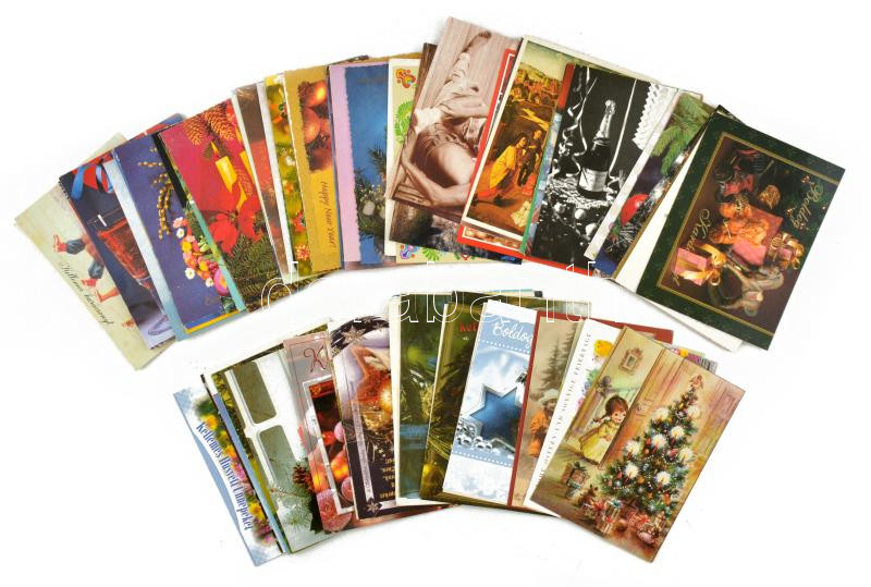 Kb. 93 db MODERN üdvözlő képeslap kis műanyag dobozban / Cca. 93 modern greeting motive postcards in a small plastic box