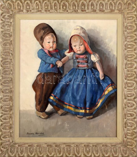 Rezsekné Fehér Lolly, működött 1930-40 körül, szepességi-felvidéki festő: Babák. Olaj, vászon. Jelezve balra lent. Sérült. Dekoratív, kissé sérült fakeretben. 61x50,5 cm. / R. Fehér Lolly, painter around 1930-40 (from