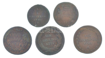 Vegyes: 1765-1782. 5db klf rézpénz, közte Olasz Államok / Milánó 1777S 1S Cu 'Mária Terézia', Ausztria 1781A 1/4kr Cu T:3 Mixed: 1765-1782. 5pcs of mixed Cu coins, with Italian States / Milan 1777S 1 Soldo Cu 'Maria Theresa', Austria 1781A