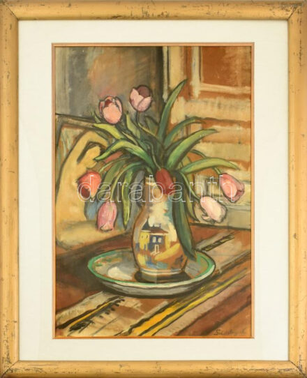 Schossberger Klára (1893-?): Csendélet. Olaj, karton. Jelezve jobbra lent. Dekoratív, üvegezett fakeretben. 68x46 cm. / Oil on board, signed lower right. Framed.