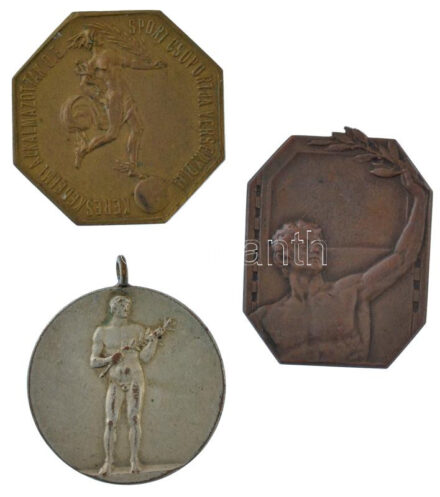 ~1910-1930. 'Műegyetemi Athletikai és Football Club versenydíja' kétoldalas bronz érem (34x26mm) + 'Kereskedelmi alkalmazottak o.e. sportcsoportja versenydíja' kétoldalas Cu-Zn érem, fül nélkül (31mm) + 'OTE 1872'kétoldalas