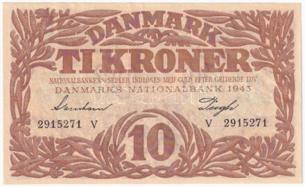 Dánia 1943. 10K 'V' sorozatjel 'Svendsen - Pugh' T:I- Denmark 1943. 10 Kroner 'V' prefix, 'Svendsen - Pugh' C:AU Krause P#31
