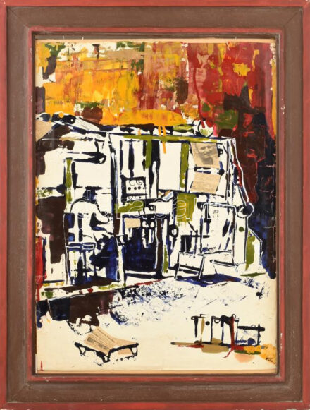 Rác András (1926-2013): Vezérlőterem. Hidegzománc, kollázs, karton, jelzés nélkül, fakeretben, 68×50 cm