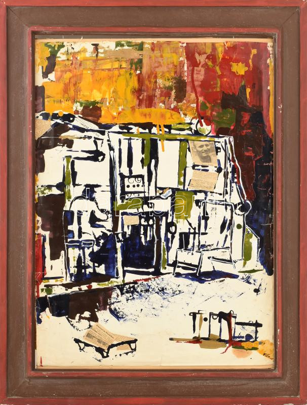 Rác András (1926-2013): Vezérlőterem. Hidegzománc, kollázs, karton, jelzés nélkül, fakeretben, 68×50 cm