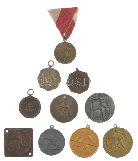 10 darabos sport emlékérem és díjérem tétel, közte ~1930. 'Középfokú Iskolák Sportköreinek Országos Szövetsége versenydíja' kétoldalas bronz díjérem (30mm) T:1-,2