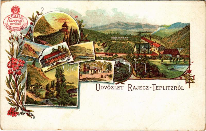 Rajecfürdő, Rajecké Teplice; Üdvözlet Rajecz-Teplitzről. Apollo szappan reklám / spa, bath, soap advertisement. Art Nouveau, floral, litho (EB)