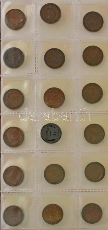 36db magyar és osztrák 2f, 2h bronz érme műbőr berakóba rendezve T:2,2- 36pcs of Hungarian and Austrian 2 Fillér, E Heller bronze coins in album C:XF,VF