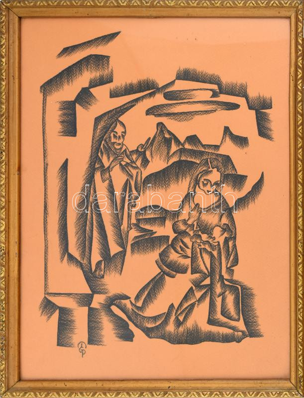 MCP jelzéssel: Mária a kisdeddel. Szén, papír. Dekoratív, üvegezett fakeretben. 40x30 cm